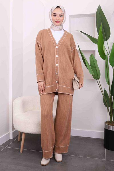 İmajButik Biscuit Waffle Knitwear Cardigan Trousers Set