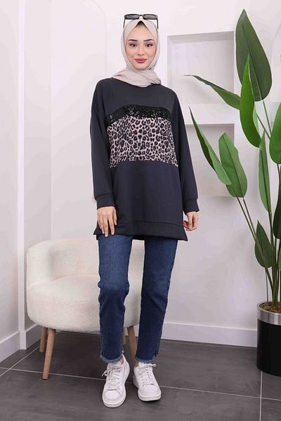 İmajButik Smoked Gray Modal Tunic with Leopard Front
