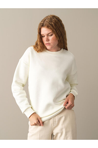 Xint Kadın Ekru Pamuk Dokulu Pamuklu Oversize Sweatshirt