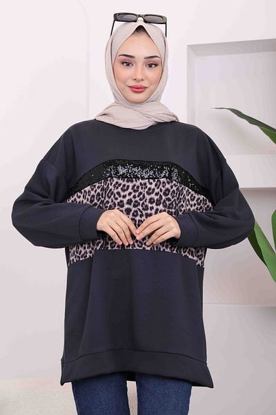 İmajButik Smoked Gray Modal Tunic with Leopard Front