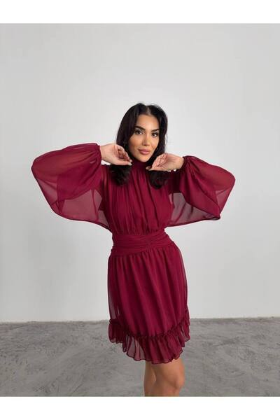 hillone Sırt Detaylı Bordo Dik Yakalı Drapeli Şifon Mini Elbise