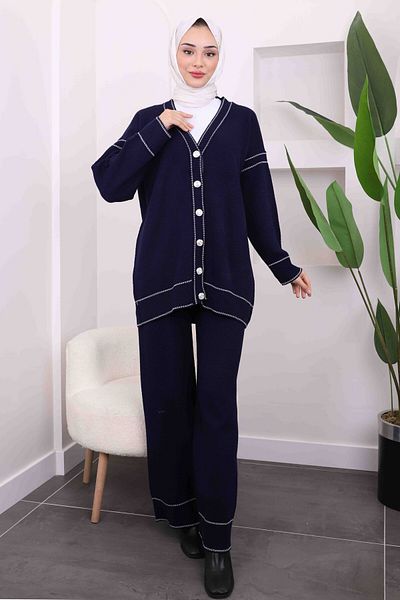 İmajButik Navy Blue Wafer Knitwear Cardigan Trousers Set