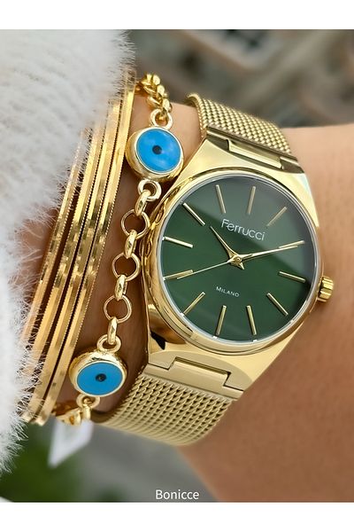 Ferrucci Brand Green Dial, Steel Mesh Cord Yellow Color Women Wristwatch Bracelet