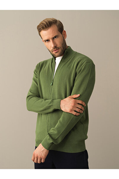 Xint Erkek Dyeşil %100 Pamuk Regular Fit Fermuarlı Basic Hırka