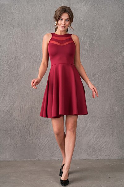 lovebox Transparan Yaka Detaylı Çan Kesim Bordo Kısa Abiye Elbise 2222