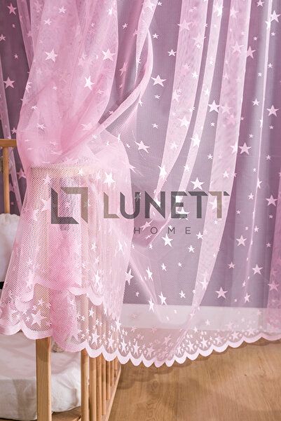 LUNETT HOME PEMBE RENKLİ YILDIZLI DÜZ DİKİM (PİLESİZ) TÜL PERDE SALON BALKON ...