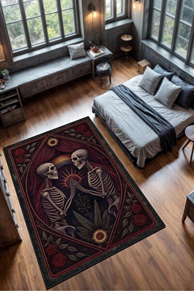 Rainbow And Skeleton Themed Rug Dark Color Retro Living Room Rug Skeleton Shaped Rug