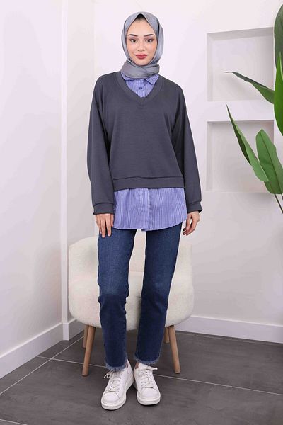 İmajButik Καπνιστό ριγέ γαρνιρισμένο πουκάμισο Modal Combination Sweat