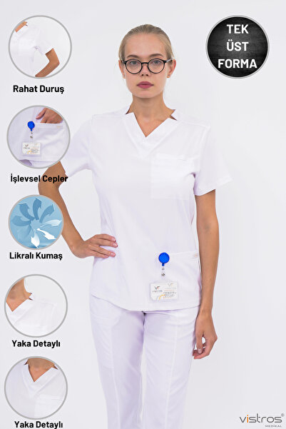 Vistros Medikal Likralı Üst Kısa Kollu V Yaka Yüksek Kaliteli Scrubs Hemşire Doktor Üniforma (Üst) V-014U