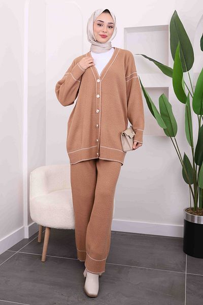 İmajButik Biscuit Waffle Knitwear Cardigan Trousers Set