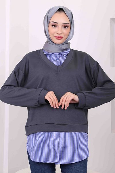 İmajButik Καπνιστό ριγέ γαρνιρισμένο πουκάμισο Modal Combination Sweat