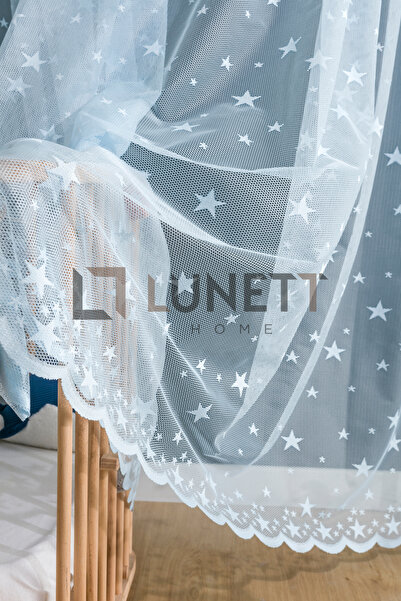 LUNETT HOME MAVİ RENKLİ YILDIZLI DÜZ DİKİM (PİLESİZ) TÜL PERDE SALON BALKON MUTFAK TÜLÜ