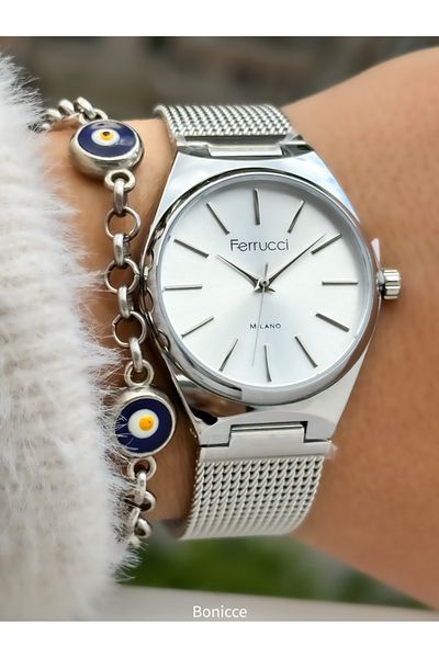 Ferrucci Brand White Dial, Steel Mesh Cord Silver Color Women Wristwatch Bracelet