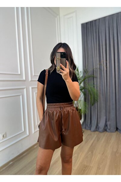 kubraozbeybutik Kahverengi Deri Şort