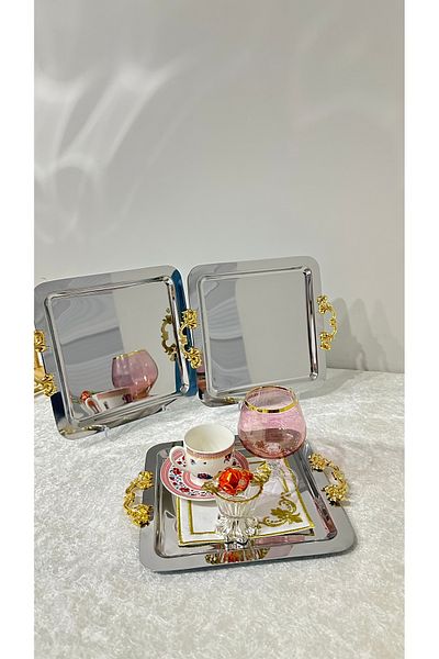 USD HOME 3-Piece Gold Snap Handle Steel Square Coffee Presentation Tray Removable Handle Simple to Use