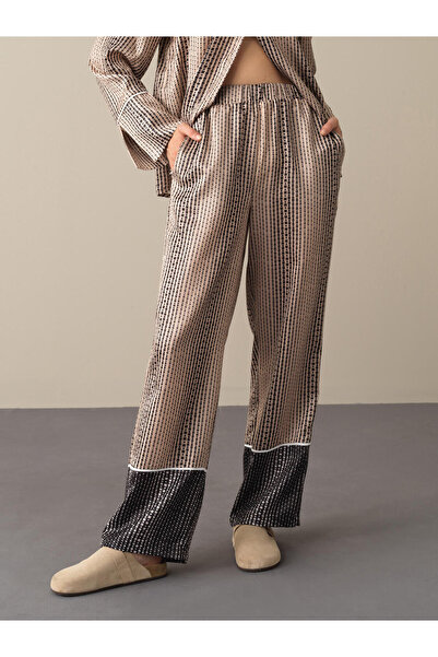Xint Kadın Bej Pamuk Dokulu Desenli İpeksi Saten Pantolon