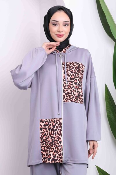 İmajButik Gray Leopard Print Scuba Tunic Pants Set