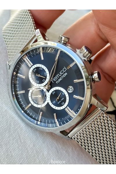 Ferrucci Brand Navy Blue Dial Functions Active Steel Band Silver Color Men Wristwatch Rosary Bracelet