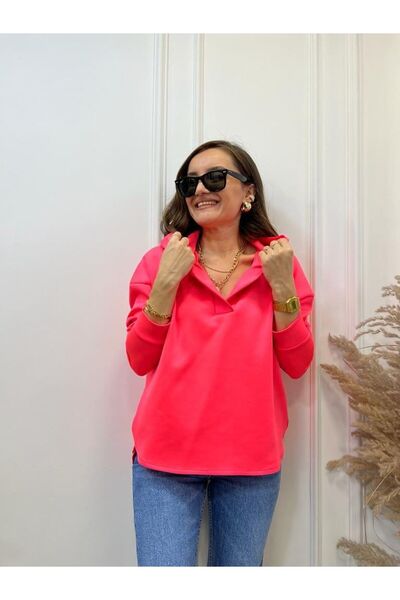 TLG GİYİM Kadın Polo Yaka Kapüşonlu Oversize Scuba Sweatshirt