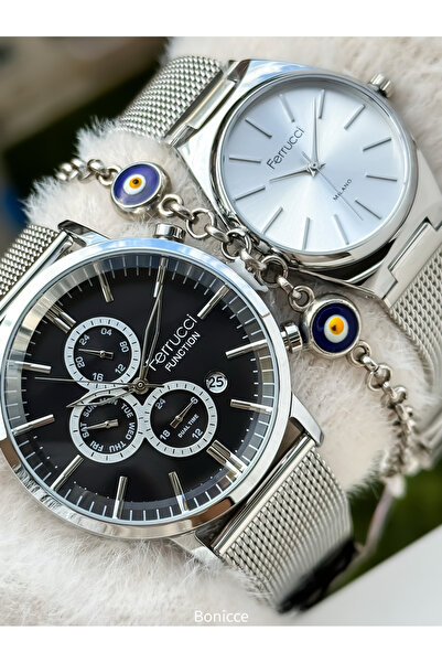Ferrucci Brand Black White Dial Functions Active Silver Color Steel Band Dear Wristwatch Bracelet
