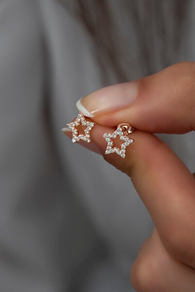 Nereze 925 Ayar Gümüş Rose Zirkon Taşlı Yıldız Küpe