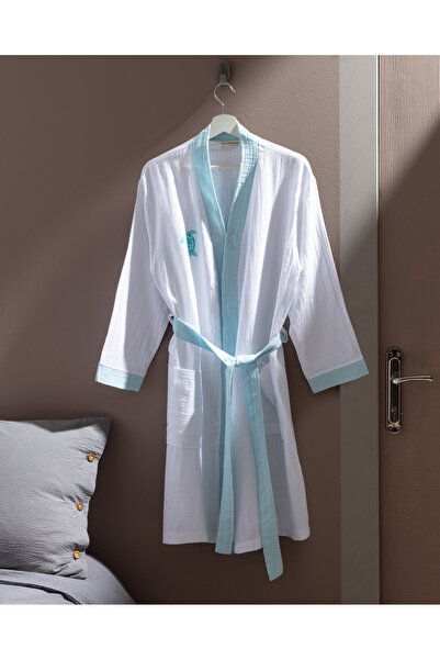 Madame Coco Halat de baie pentru femei Liana Muslin 100% bumbac - alb/turcoaz