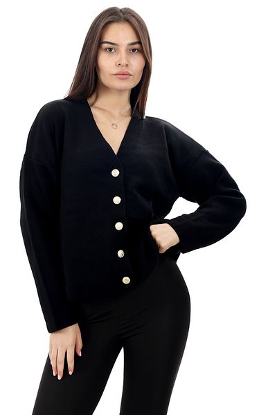 Zentoni Cardigan de damă, negru, cu decolteu în V, cu nasturi aurii
