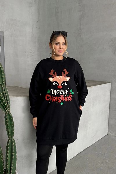Stil Diva Plus Size Christmas Themed Crew Neck Long Sleeve Pocket Sweatshirt Dress 303827