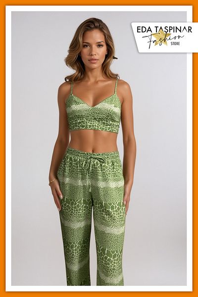 Eda Taşpınar Green Patterned Bottom - Top Set Teks-00073