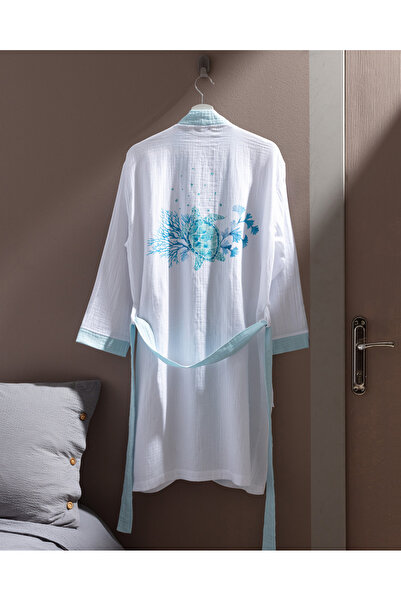 Madame Coco Halat de baie pentru femei Liana Muslin 100% bumbac - alb/turcoaz