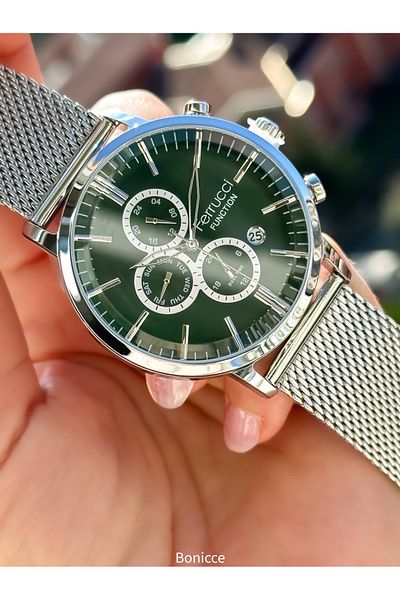 Ferrucci Brand Green Dial Functions Active Steel Band Silver Color Men Wristwatch Rosary Bracelet