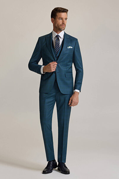 Ysf Erkek Yeşil Slim Fit Sivri Yaka Yelekli %100 Yün Takım Elbise