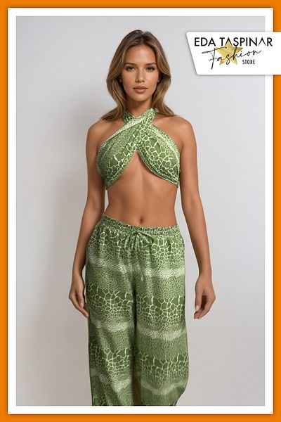 Eda Taşpınar Green Patterned Bottom - Top Set Teks-00073