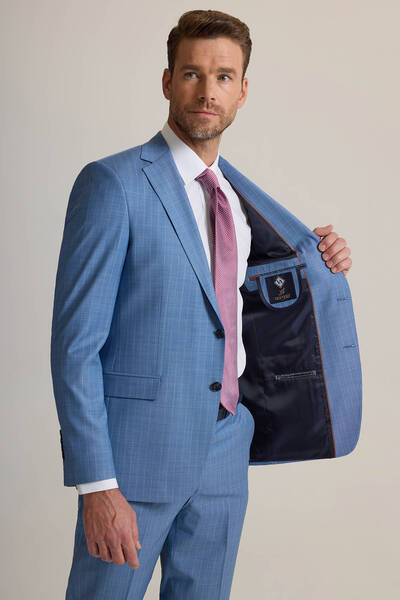 Ysf Erkek Mavi Regular Fit Mono Yaka Çizgili %100 Yün Takım Elbise