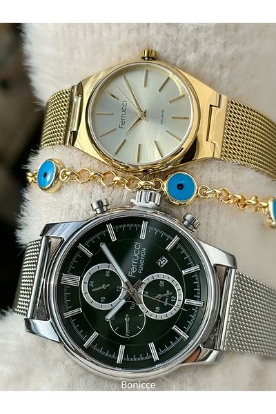 Ferrucci Green Yellow Dial Functions Active Silver Yellow Color Steel Band Dear Wrist Watch Rosary Bracelet