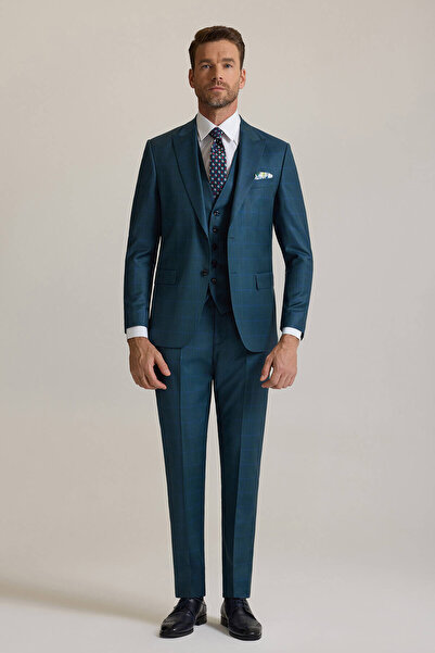 Ysf Erkek Yeşil Slim Fit Sivri Yaka Yelekli %100 Yün Takım Elbise