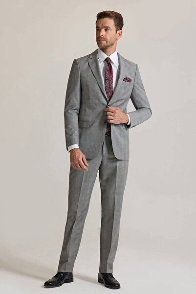 Ysf Erkek Gri Regular Fit Mono Yaka Kareli %100 Yün Takım Elbise