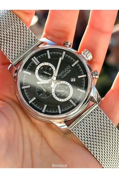 Ferrucci Brand Black Dial Functions Active Steel Band Silver Color Men Wristwatch Rosary Bracelet