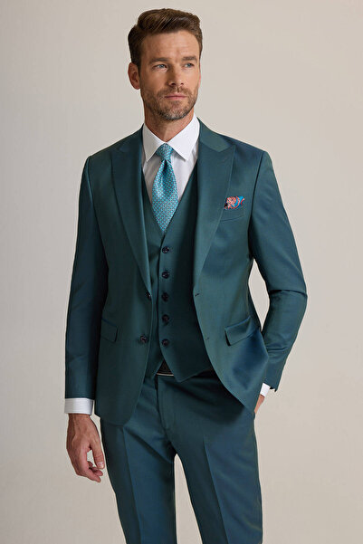 Ysf Erkek Yeşil Slim Fit Sivri Yaka Yelekli %100 Yün Takım Elbise