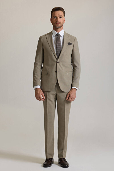Ysf Erkek Bej Regular Fit Sivri Yaka %100 Yün Takım Elbise