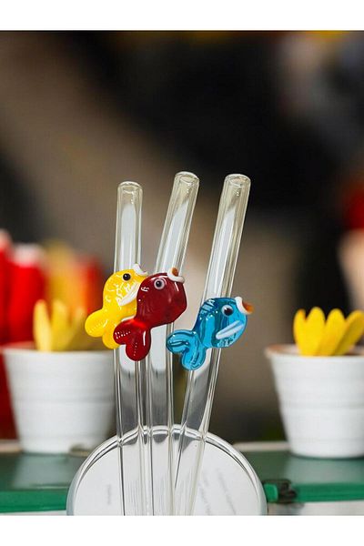 nazarboncuğu Colored Glass 3-Piece Fish Straw Set