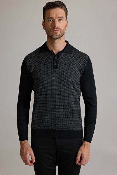 Ysf Erkek Siyah Gri Polo Yaka Desenli Triko