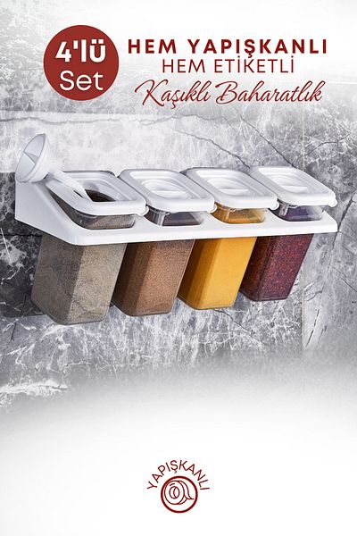 GRİMOR Life 4-Piece White 400 ml Square Spice Rack Set - Self Adhesive with Label, Stand and Lock