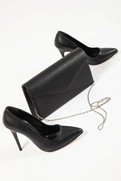 Genel Markalar Kadın Ince Yüksek Topuklu Stiletto Ve Çanta Takımı Siyah Cilt
