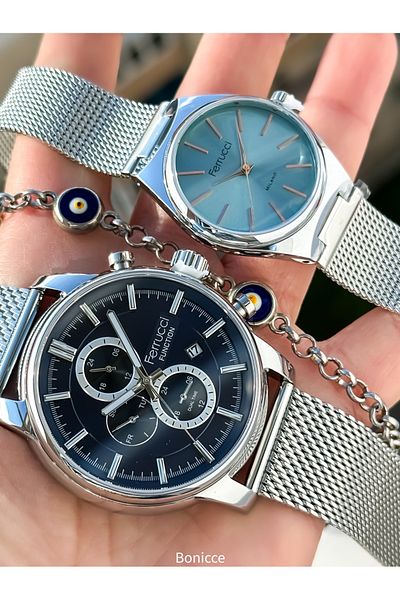 Ferrucci Brand Navy Blue Dial Functions Active Silver Color Steel Band Dear Wristwatch Bracelet