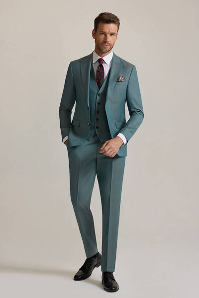Ysf Erkek Yeşil Slim Fit Sivri Yaka Yelekli %100 Yün Takım Elbise