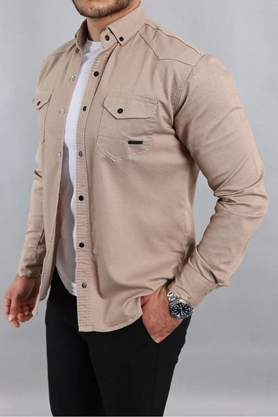 WOWA COMPANY Мъжка кремава дънкова риза с дълъг ръкав и джоб Slim Fit