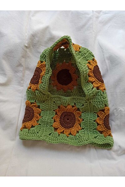 Kahvemavii Ayçiçek Motifli Yeşil Örgü Balaklava / Balaclava