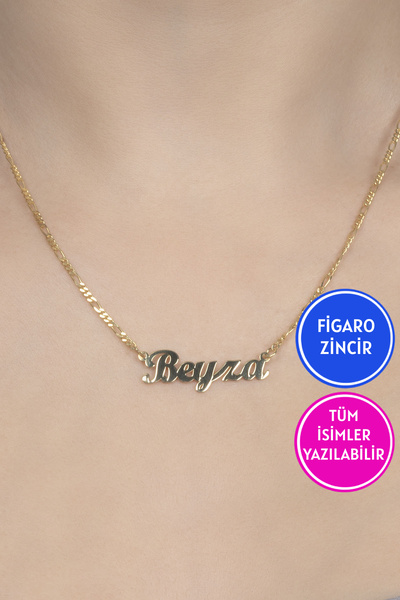 Jewelmim Figaro Zincir İsimli Gümüş Kolye 18 Ayar Sarı Altın Kaplama 925 Ayar Kadın İsim Yazılı Gümüş Kolye