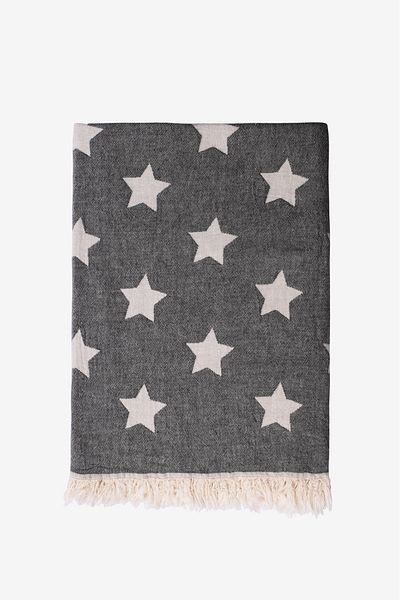 Barine Double Faced Star Jacquard with Carry Belt Fleece Covered Throw Black